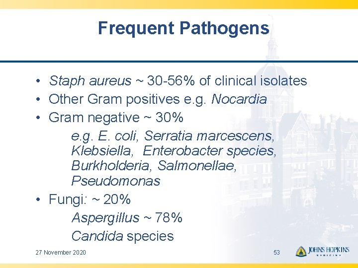 Frequent Pathogens • Staph aureus ~ 30 -56% of clinical isolates • Other Gram
