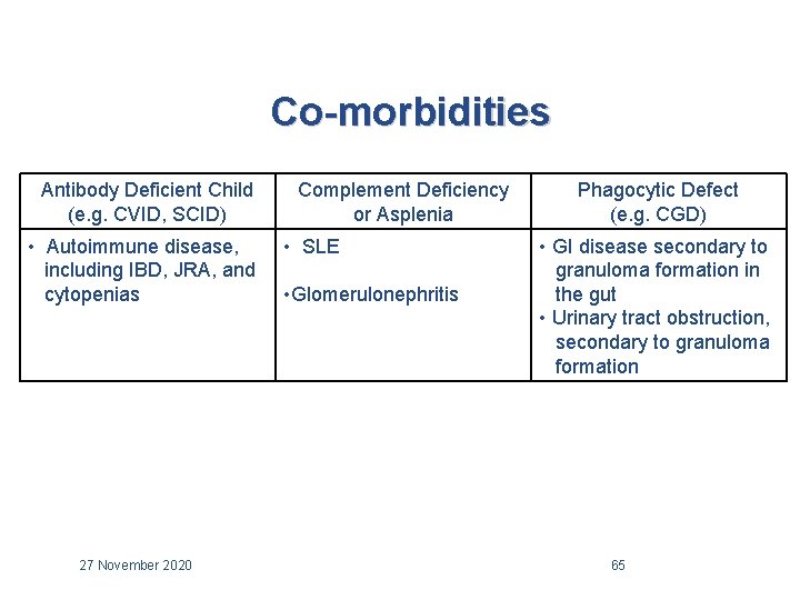 Co-morbidities Antibody Deficient Child (e. g. CVID, SCID) • Autoimmune disease, including IBD, JRA,