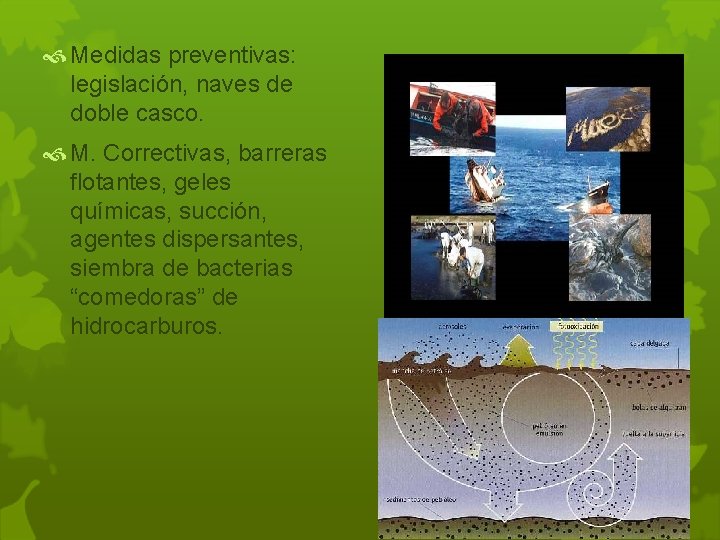  Medidas preventivas: legislación, naves de doble casco. M. Correctivas, barreras flotantes, geles químicas,