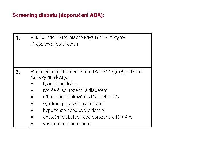 Screening diabetu (doporučení ADA): 1. ü u lidí nad 45 let, hlavně když BMI