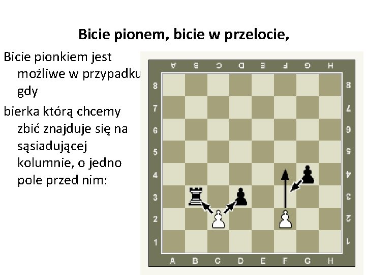 Bicie pionem, bicie w przelocie, Bicie pionkiem jest możliwe w przypadku, gdy bierka którą