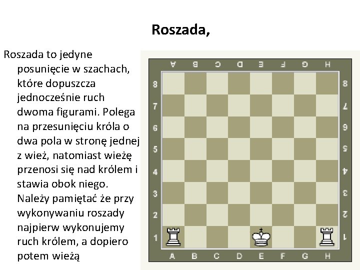 Roszada, Roszada to jedyne posunięcie w szachach, które dopuszcza jednocześnie ruch dwoma figurami. Polega