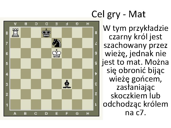 Cel gry - Mat W tym przykładzie czarny król jest szachowany przez wieżę, jednak