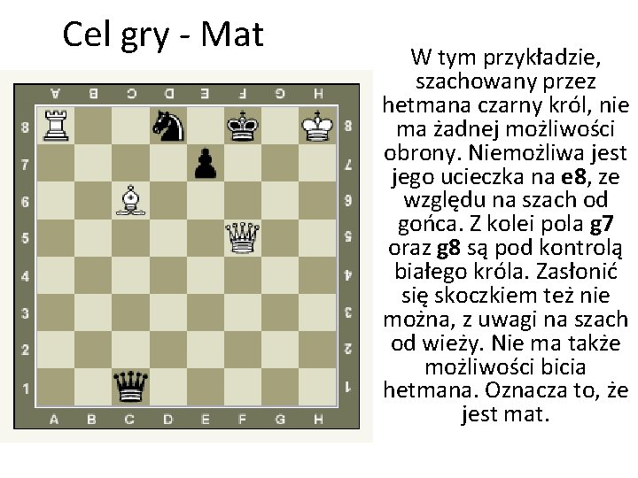 Cel gry - Mat W tym przykładzie, szachowany przez hetmana czarny król, nie ma