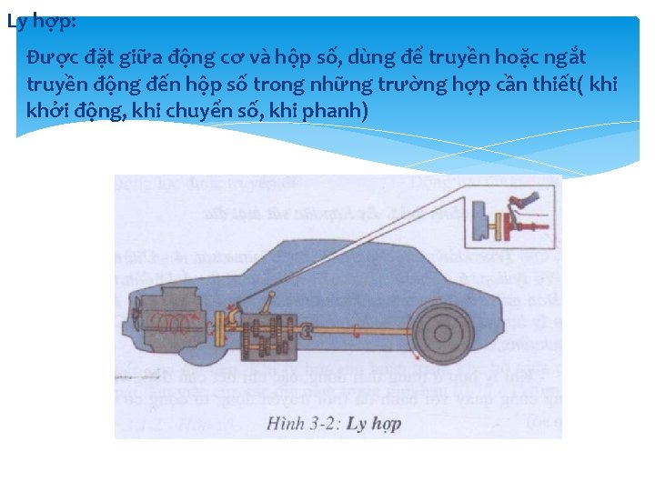 Ly hợp: Được đặt giữa động cơ và hộp số, dùng để truyền hoặc Ly hợp: Được đặt giữa động cơ và hộp số, dùng để truyền hoặc