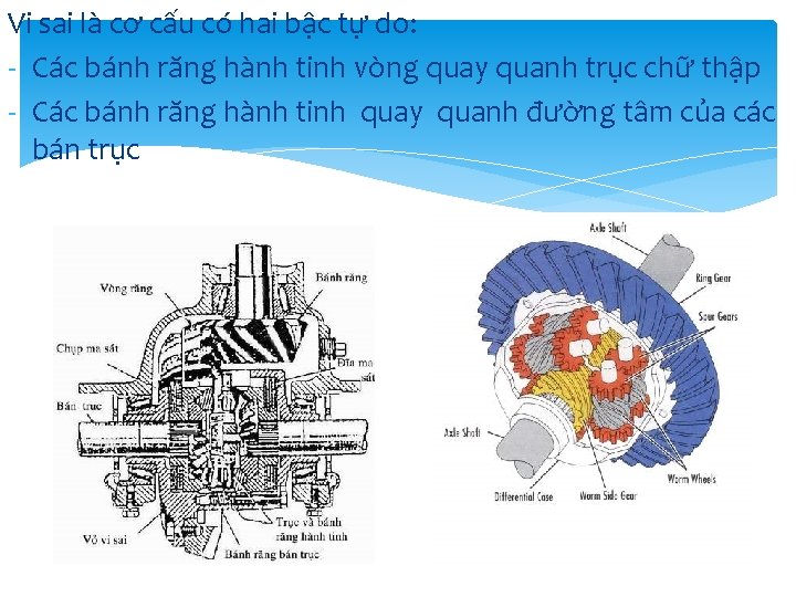 Vi sai là cơ cấu có hai bậc tự do: - Các bánh răng Vi sai là cơ cấu có hai bậc tự do: - Các bánh răng