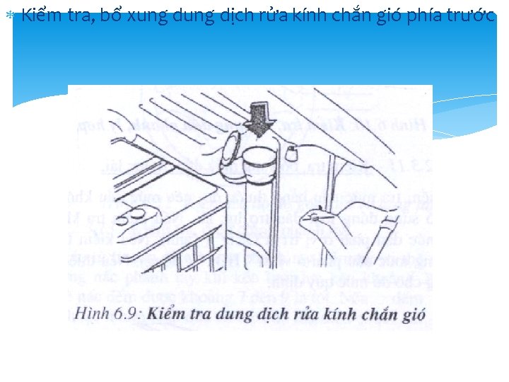 Kiểm tra, bổ xung dịch rửa kính chắn gió phía trước Kiểm tra, bổ xung dịch rửa kính chắn gió phía trước