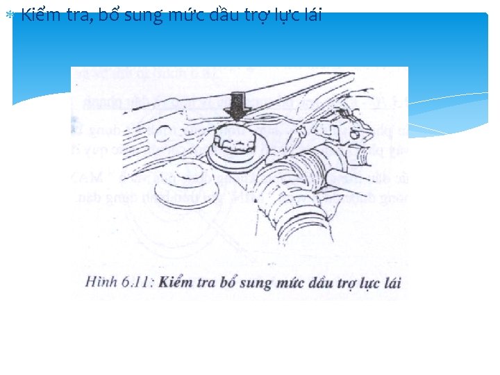 Kiểm tra, bổ sung mức dầu trợ lực lái Kiểm tra, bổ sung mức dầu trợ lực lái