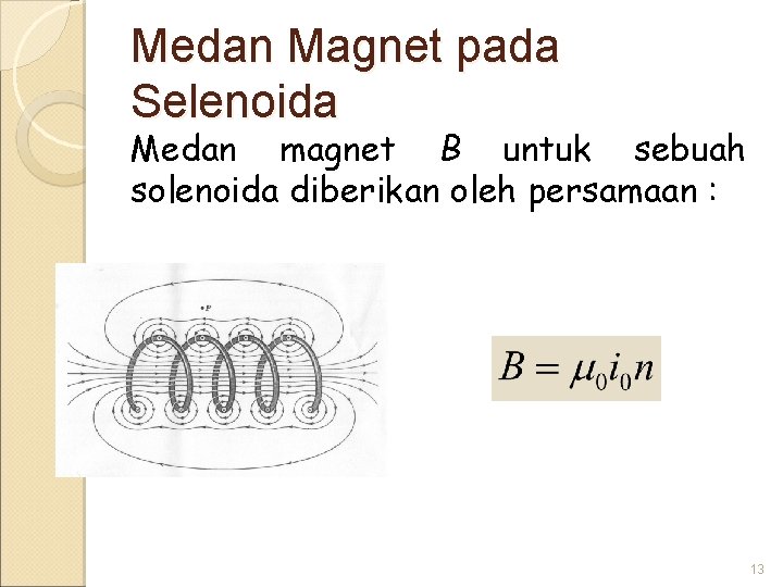 Medan Magnet pada Selenoida Medan magnet B untuk sebuah solenoida diberikan oleh persamaan :