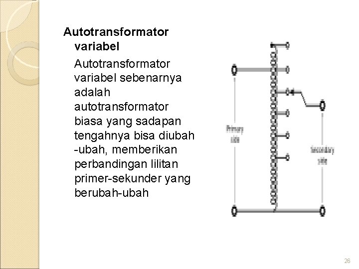 Autotransformator variabel sebenarnya adalah autotransformator biasa yang sadapan tengahnya bisa diubah -ubah, memberikan perbandingan