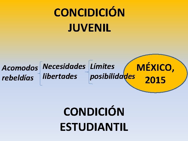 CONCIDICIÓN JUVENIL Acomodos Necesidades Límites MÉXICO, posibilidades rebeldías libertades 2015 CONDICIÓN ESTUDIANTIL 