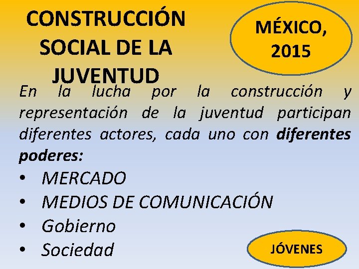 CONSTRUCCIÓN SOCIAL DE LA JUVENTUD MÉXICO, 2015 En la lucha por la construcción y