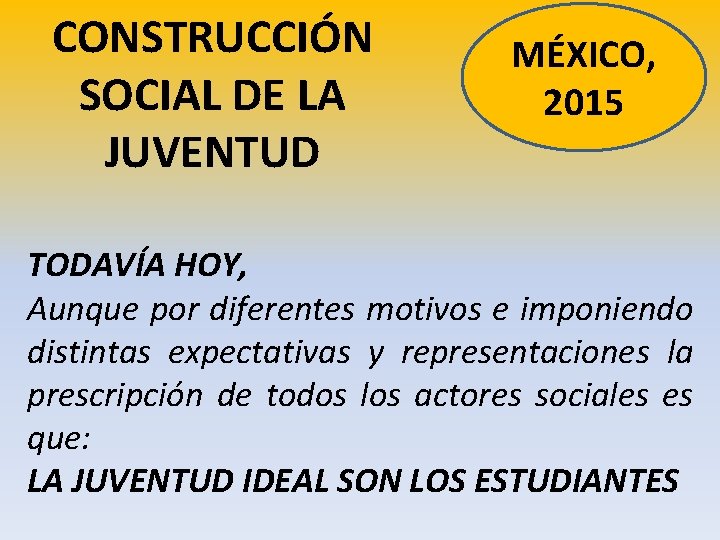 CONSTRUCCIÓN SOCIAL DE LA JUVENTUD MÉXICO, 2015 TODAVÍA HOY, Aunque por diferentes motivos e