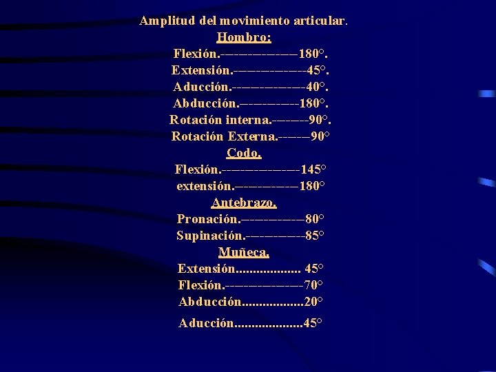 Amplitud del movimiento articular. Hombro: Flexión. ---------180°. Extensión. --------45°. Aducción. --------40°. Abducción. -------180°. Rotación