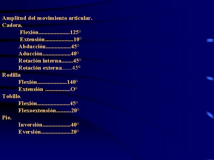 Amplitud del movimiento articular. Cadera. Flexión. . . . . 125° Extensión. . .