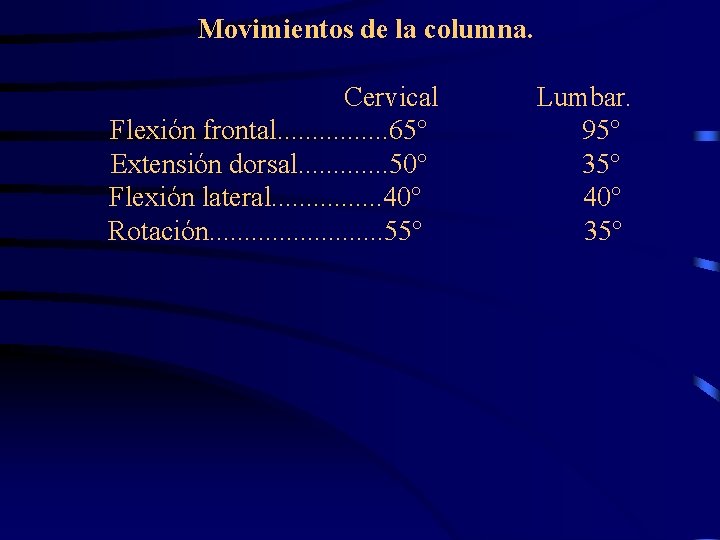 Movimientos de la columna. Cervical Flexión frontal. . . . 65° Extensión dorsal. .