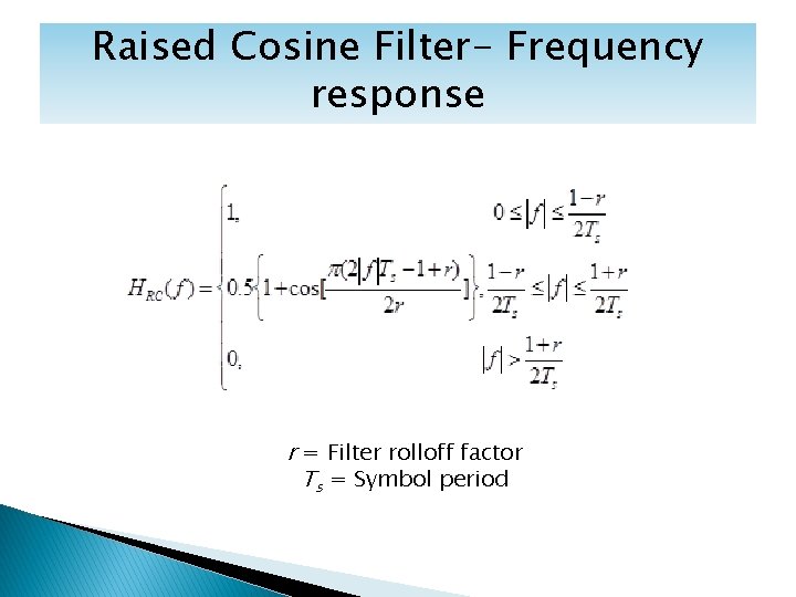 Raised Cosine Filter- Frequency response r = Filter rolloff factor Ts = Symbol period