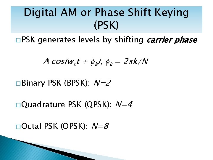 Digital AM or Phase Shift Keying (PSK) � PSK generates levels by shifting carrier