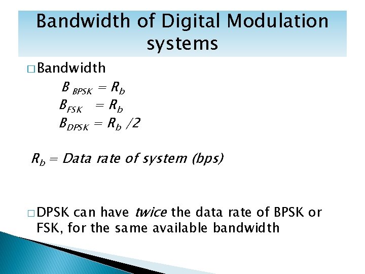 Bandwidth of Digital Modulation systems � Bandwidth B BPSK = Rb BFSK = Rb