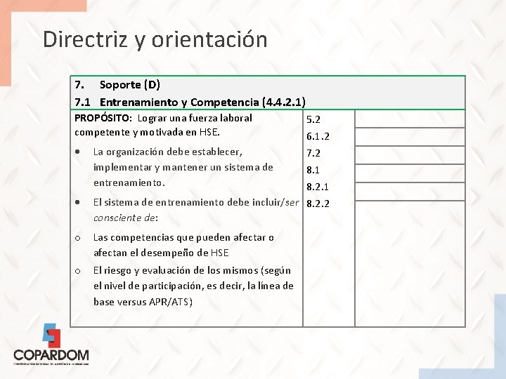 Directriz y orientación 7. Soporte (D) 7. 1 Entrenamiento y Competencia (4. 4. 2.