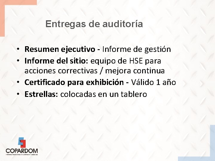 Entregas de auditoría • Resumen ejecutivo - Informe de gestión • Informe del sitio: