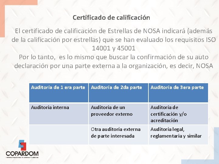 Certificado de calificación El certificado de calificación de Estrellas de NOSA indicará (además de