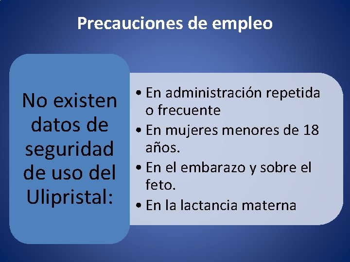 Precauciones de empleo No existen datos de seguridad de uso del Ulipristal: • En