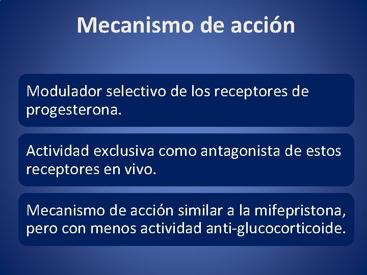 Mecanismo de acción Modulador selectivo de los receptores de progesterona. Actividad exclusiva como antagonista Mecanismo de acción Modulador selectivo de los receptores de progesterona. Actividad exclusiva como antagonista