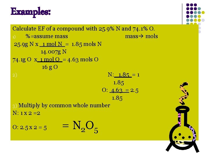 Examples: Calculate EF of a compound with 25. 9% N and 74. 1% O.