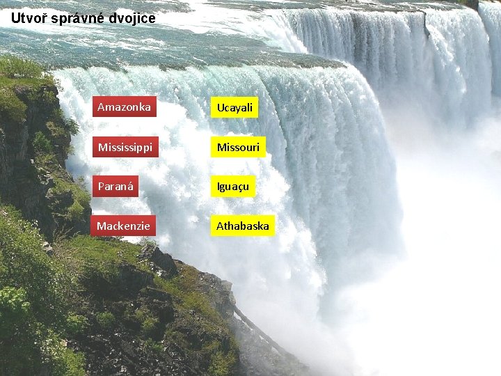 Utvoř správné dvojice Amazonka Ucayali Mississippi Missouri Paraná Iguaçu Mackenzie Athabaska 