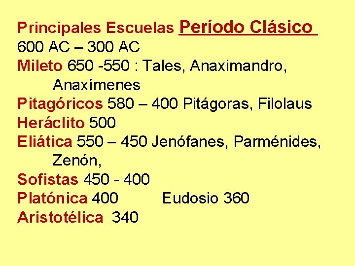 Principales Escuelas Período Clásico 600 AC – 300 AC Mileto 650 -550 : Tales,