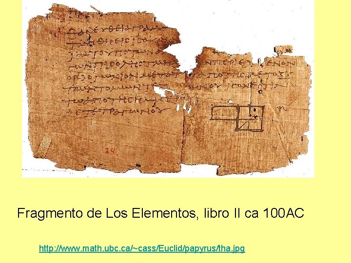 Fragmento de Los Elementos, libro II ca 100 AC http: //www. math. ubc. ca/~cass/Euclid/papyrus/tha.