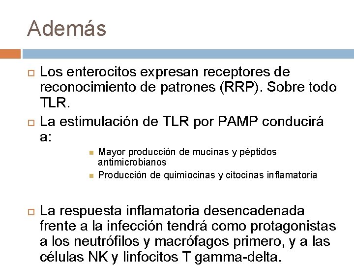 Además Los enterocitos expresan receptores de reconocimiento de patrones (RRP). Sobre todo TLR. La Además Los enterocitos expresan receptores de reconocimiento de patrones (RRP). Sobre todo TLR. La