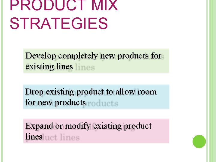 PRODUCT MIX STRATEGIES Develop completely new products for existing lines Drop existing product to