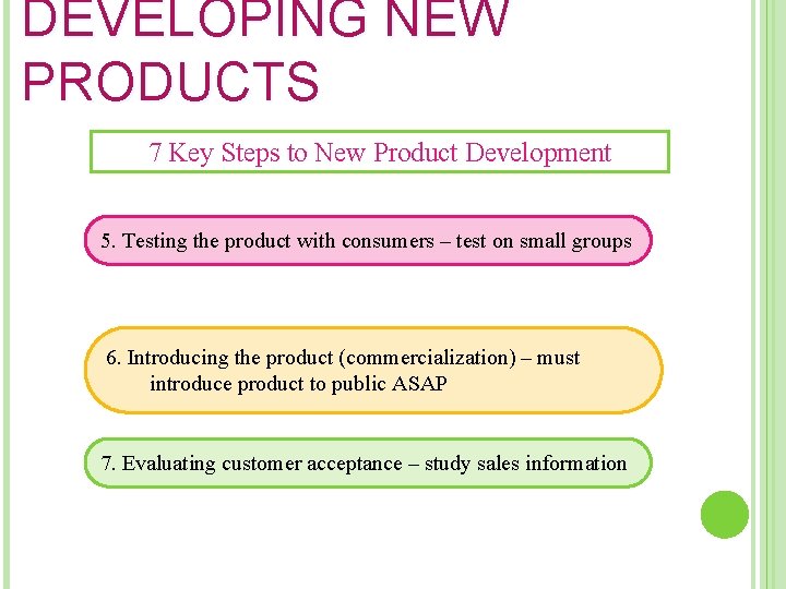 DEVELOPING NEW PRODUCTS 7 Key Steps to New Product Development 5. Testing the product