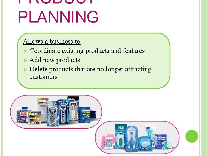 PRODUCT PLANNING Allows a business to Ø Coordinate existing products and features Ø Add