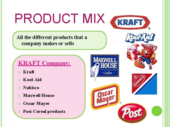 PRODUCT MIX All the different products that a company makes or sells KRAFT Company: