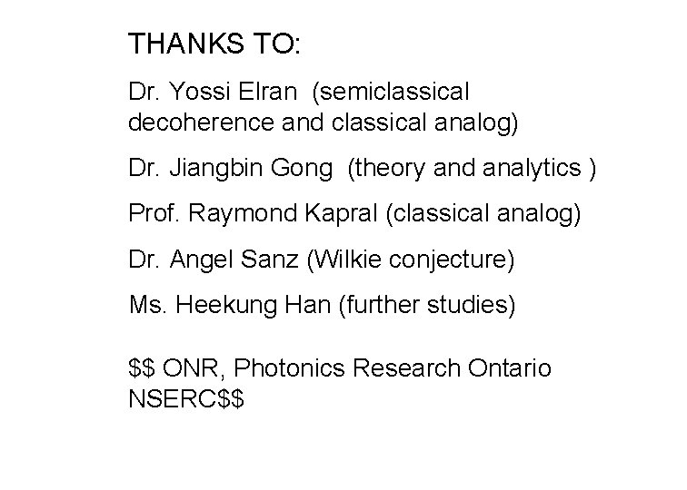 THANKS TO: Dr. Yossi Elran (semiclassical decoherence and classical analog) Dr. Jiangbin Gong (theory