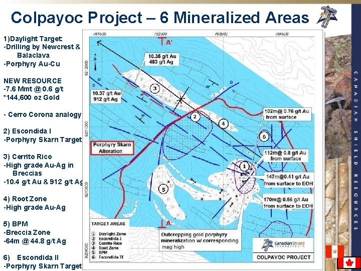 Colpayoc Project – 6 Mineralized Areas 1)Daylight Target: -Drilling by Newcrest & Balaclava -Porphyry