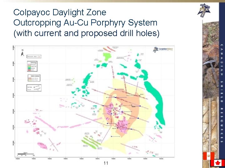 Colpayoc Daylight Zone Outcropping Au-Cu Porphyry System (with current and proposed drill holes) W/p