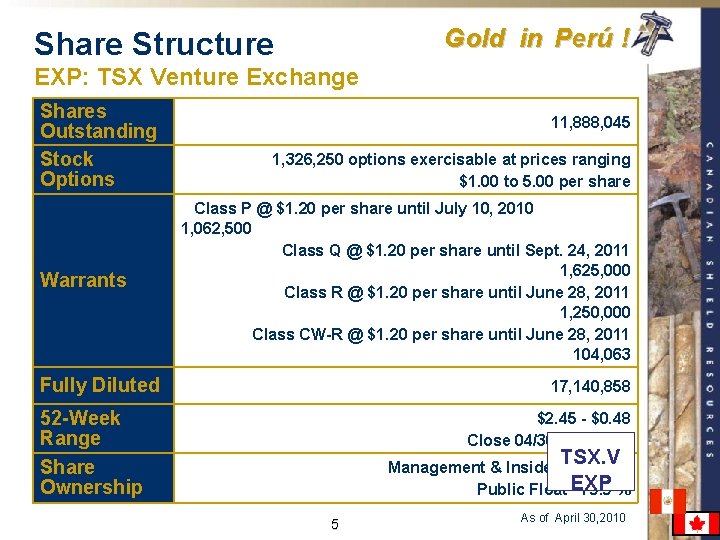 Gold in Perú ! Share Structure EXP: TSX Venture Exchange Shares Outstanding Stock Options