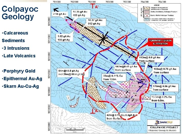 Colpayoc Geology • Calcareous Sediments • 3 Intrusions • Late Volcanics • Porphyry Gold