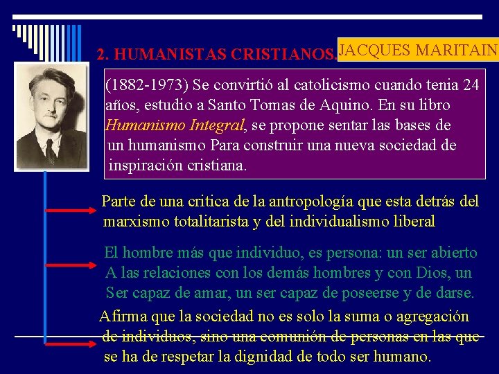 2. HUMANISTAS CRISTIANOS. JACQUES MARITAIN (1882 -1973) Se convirtió al catolicismo cuando tenia 24