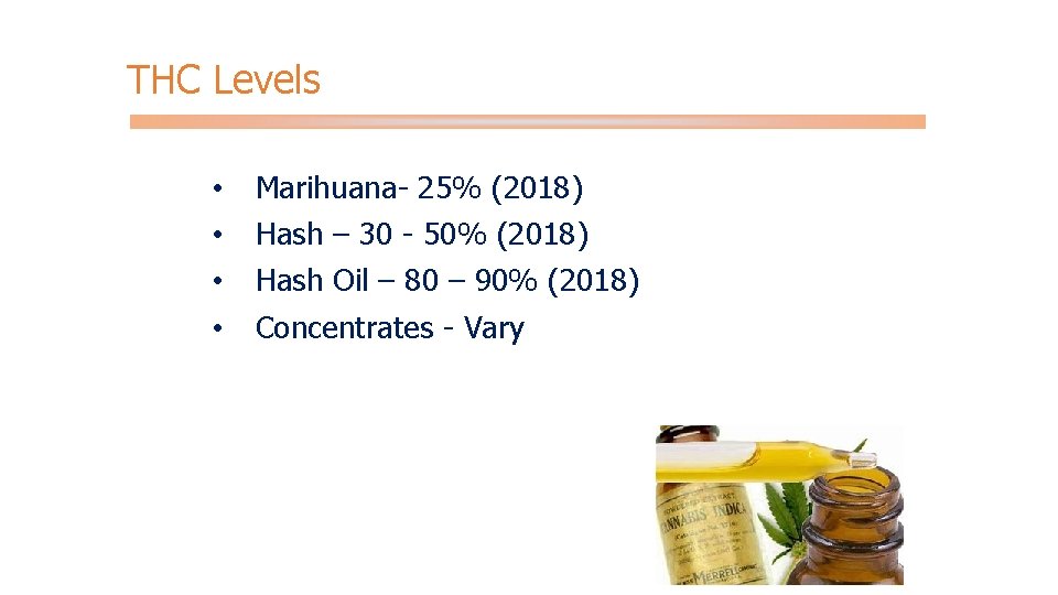 THC Levels • • Marihuana- 25% (2018) Hash – 30 - 50% (2018) Hash