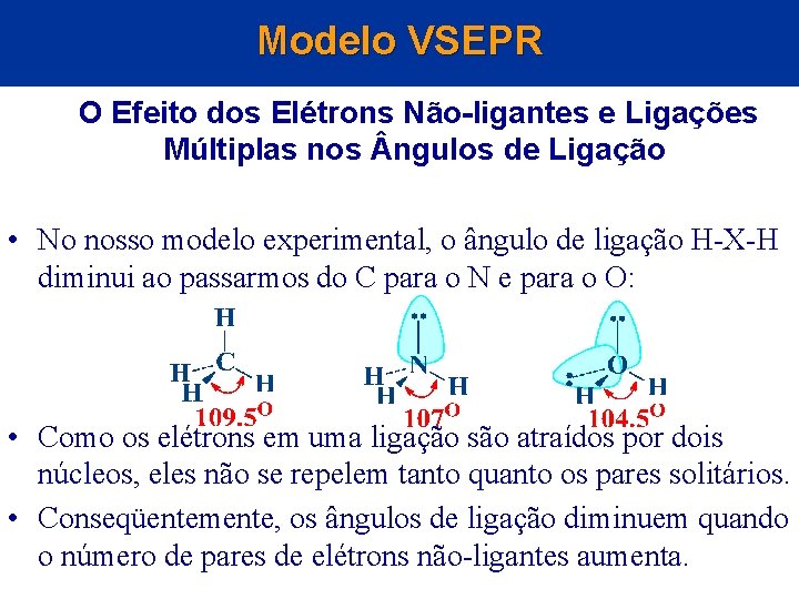 Modelo VSEPR O Efeito dos Elétrons Não-ligantes e Ligações Múltiplas nos ngulos de Ligação Modelo VSEPR O Efeito dos Elétrons Não-ligantes e Ligações Múltiplas nos ngulos de Ligação
