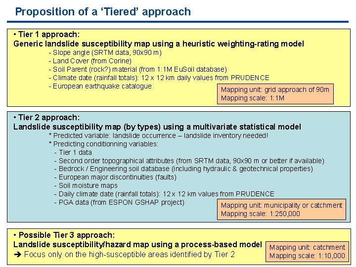 Proposition of a ‘Tiered’ approach • Tier 1 approach: Generic landslide susceptibility map using