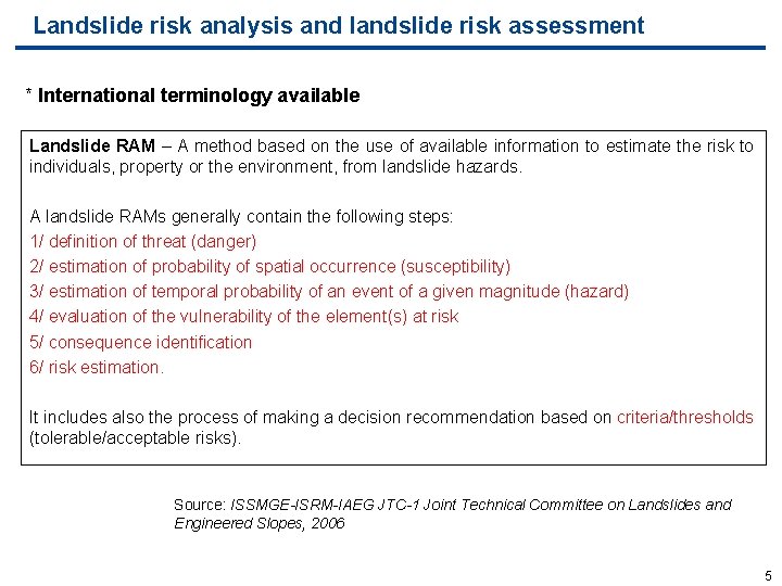 Landslide risk analysis and landslide risk assessment * International terminology available Landslide RAM –