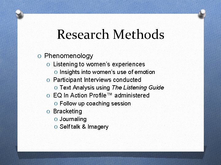Research Methods O Phenomenology O Listening to women’s experiences O Insights into women’s use