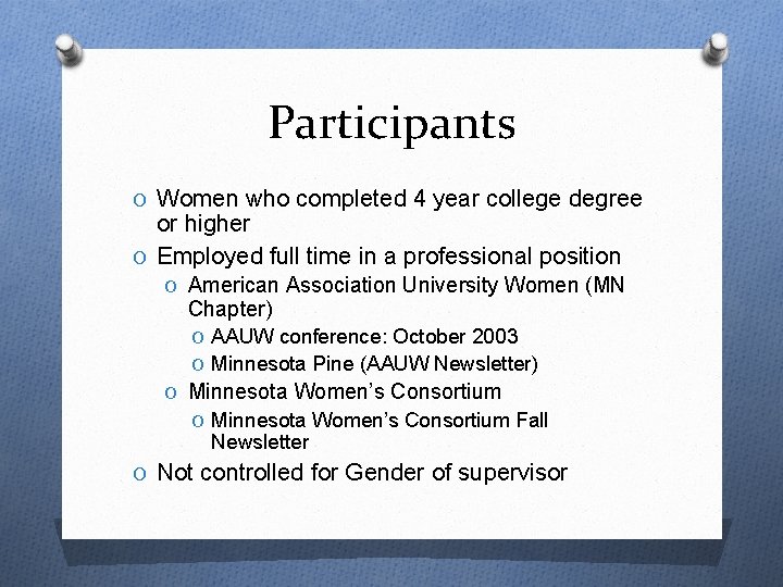 Participants O Women who completed 4 year college degree or higher O Employed full