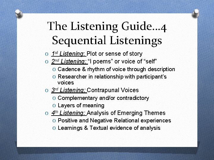 The Listening Guide… 4 Sequential Listenings O 1 st Listening: Plot or sense of
